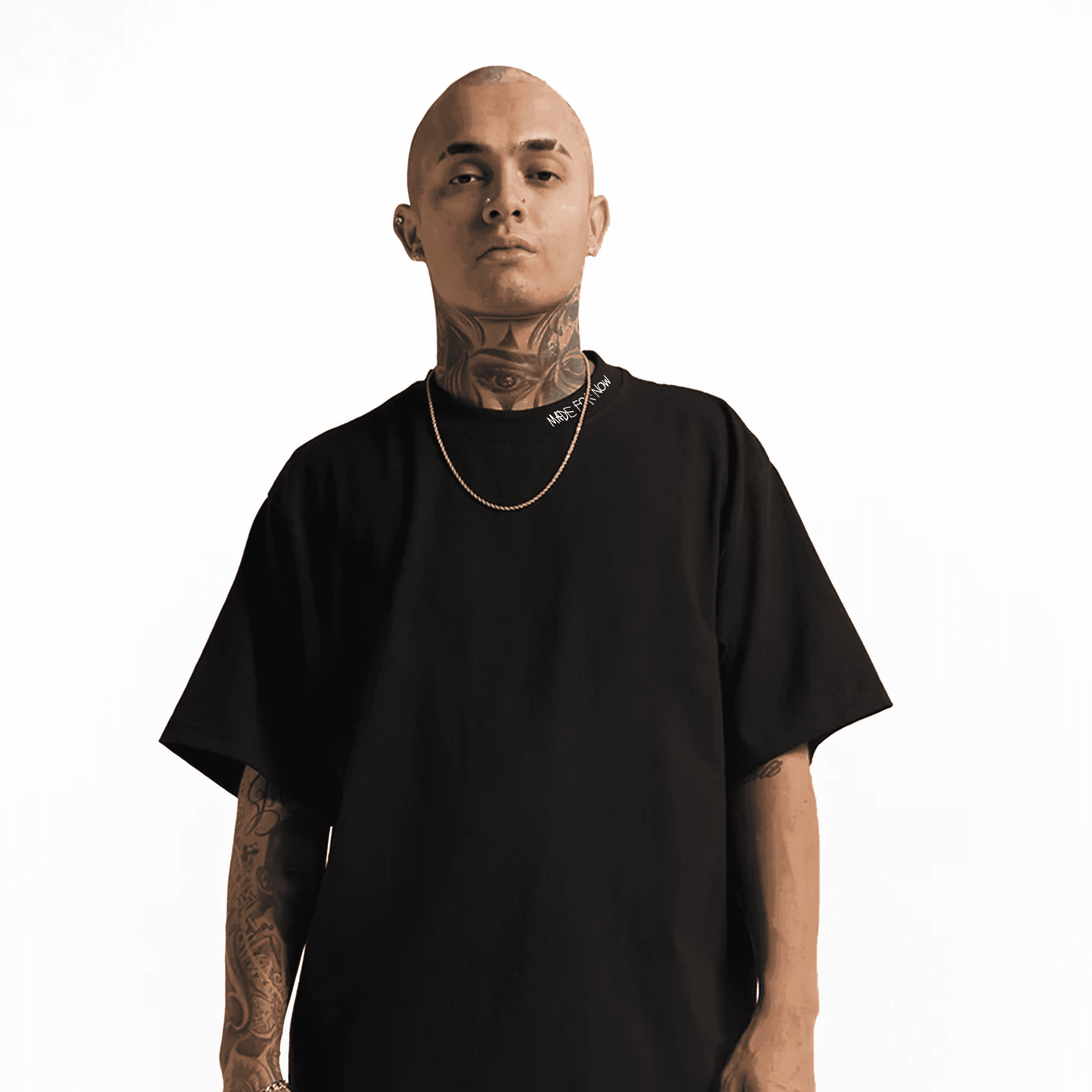 Model wearing MFN Tee with oversized silhouette and embroidered collar, showcasing trendy urban apparel style.