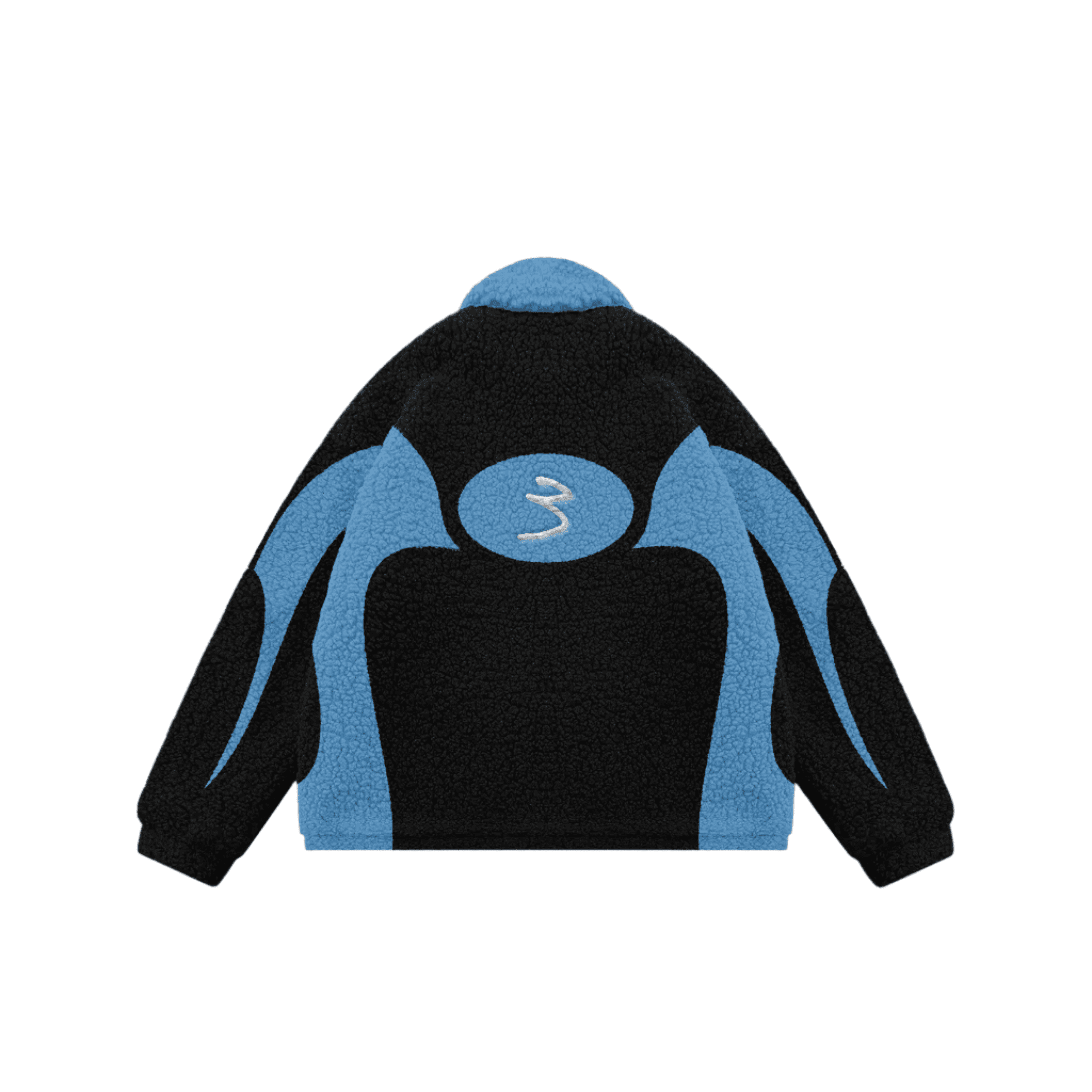 The COLLEC Signature '3' Sherpa Fleece Jacket in black and blue with bold vintage design and plush texture, ideal for cozy activewear fashion.
